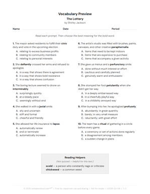 Sample vocabulary worksheet